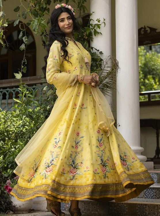 Striking Yellow Color Silk Fabric Gown