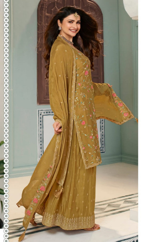 Dazzling Mustard Color Chinon Fabric Sharara Suit