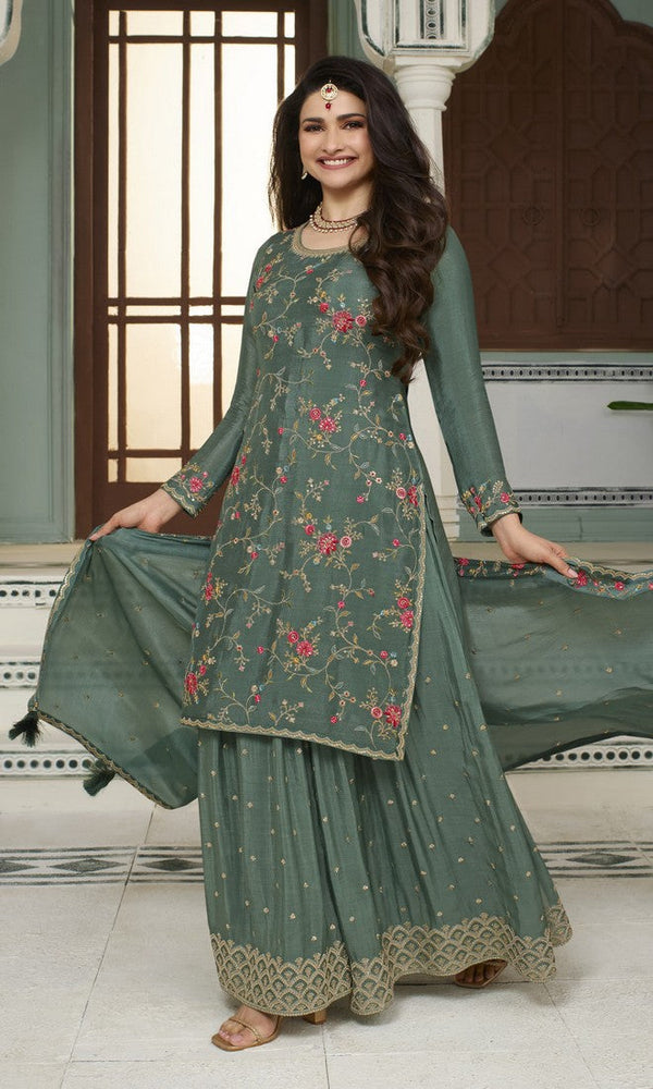 Dazzling Green Color Chinon Fabric Sharara Suit