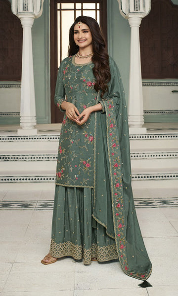 Dazzling Green Color Chinon Fabric Sharara Suit