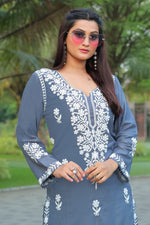 Lovely Grey Color Rayon Fabric Casual Kurti With Bottom