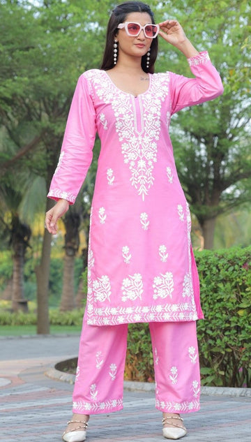 Lovely Pink Color Rayon Fabric Casual Kurti With Bottom