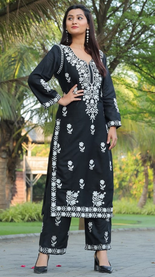 Lovely Black Color Rayon Fabric Casual Kurti With Bottom