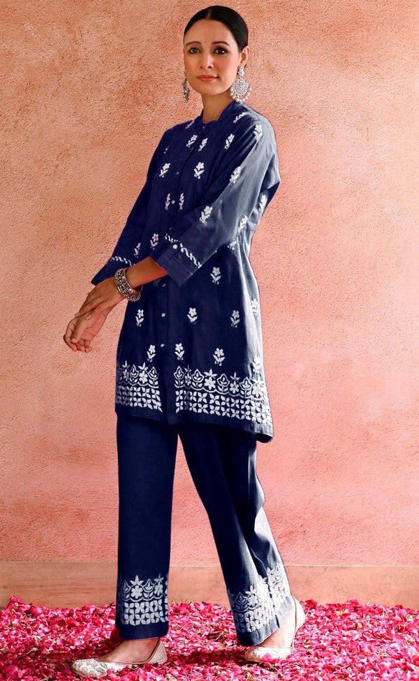 Lovely Navy Blue Color Rayon Fabric Casual Kurti With Bottom