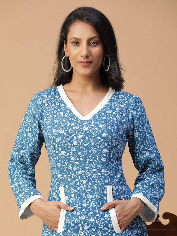 Amazing Blue Color Cotton Fabric Kurti With Plazzo