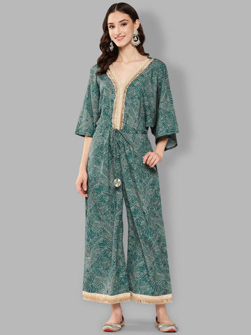 Pleasing Green Color Polyester Fabric Jumpsuit