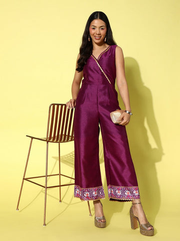Pleasing Purple Color Silk Fabric Jumpsuit