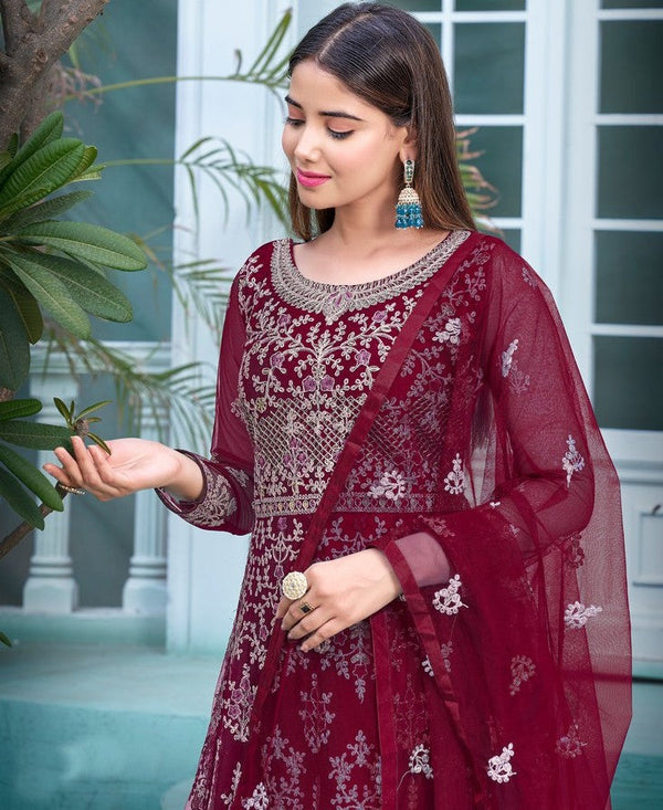 Ideal Maroon Color Net Fabric Partywear Suit