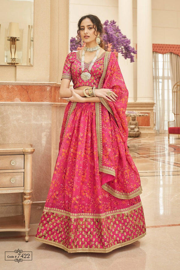 Amazing Pink Color Organza Fabric Wedding Lehenga
