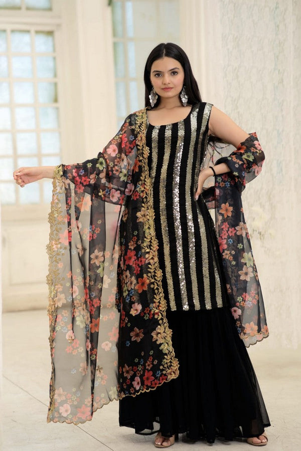 Ideal Black Color Blooming Fabric Partywear Suit