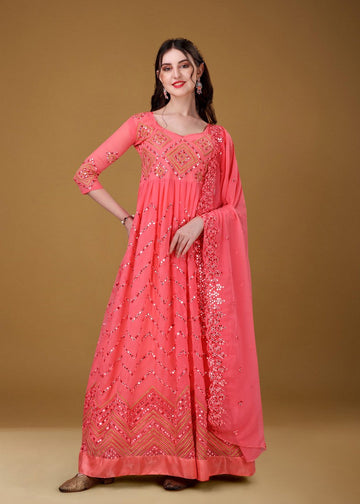 Radiant Peach Color Georgette Fabric Gown
