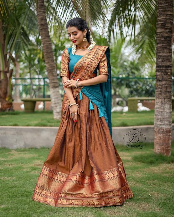 Amazing Brown Color Cotton Fabric Party Wear Lehenga