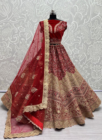 Wonderful Red Color Velvet Fabric Wedding Lehenga