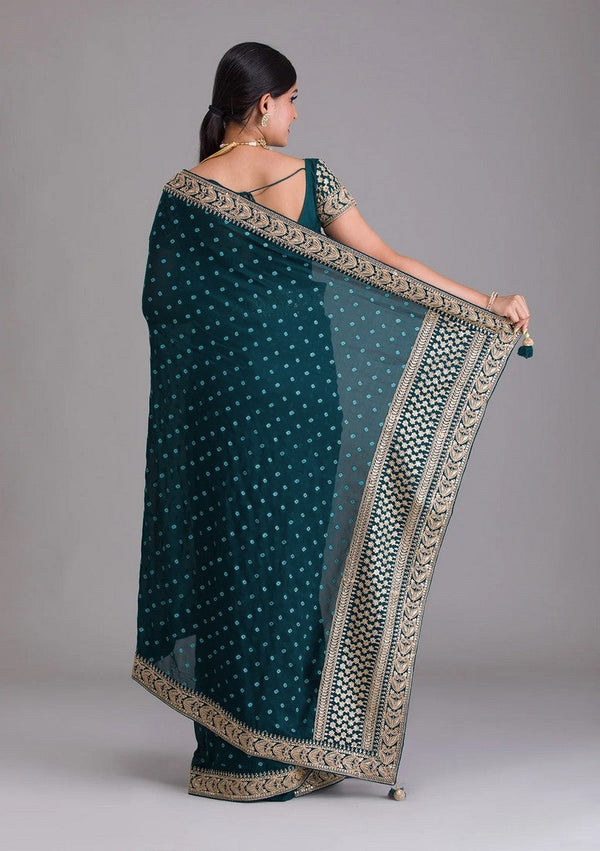 Amazing Teal Color Chinon Fabric Partywear Saree