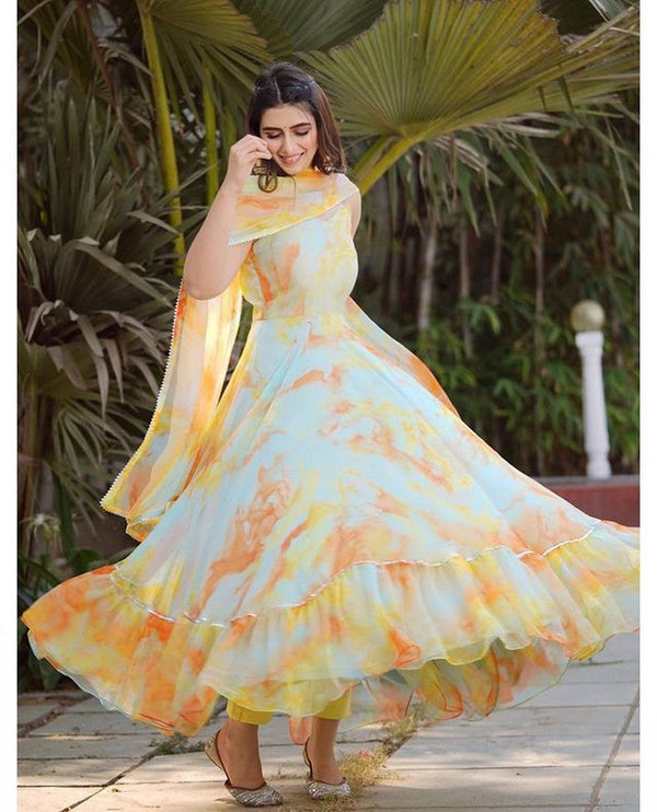 Pretty Yellow Color Organza Fabric Gown