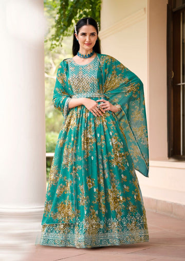 Tempting Turquoise Color Georgette Fabric Partywear Suit