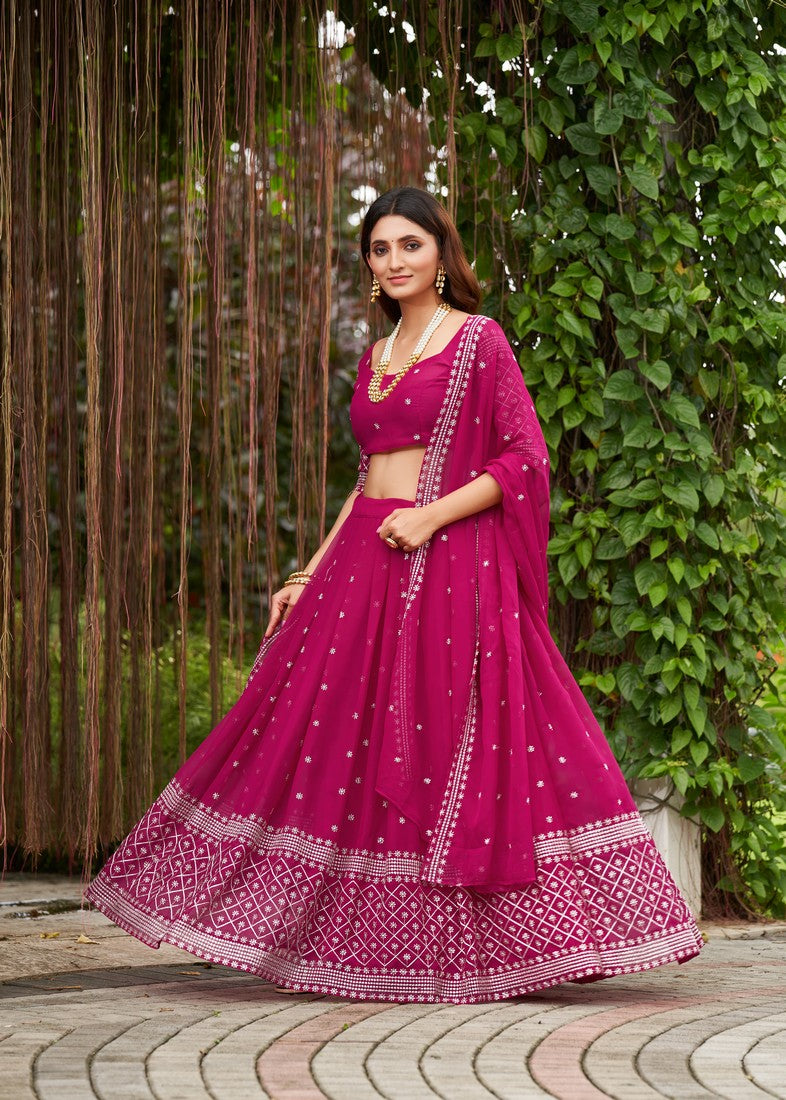 Georgette Fabric Violet Colour Semi-Stitched Lehenga in Resham,Mirror Work  & Choli with Georgette Dupatta