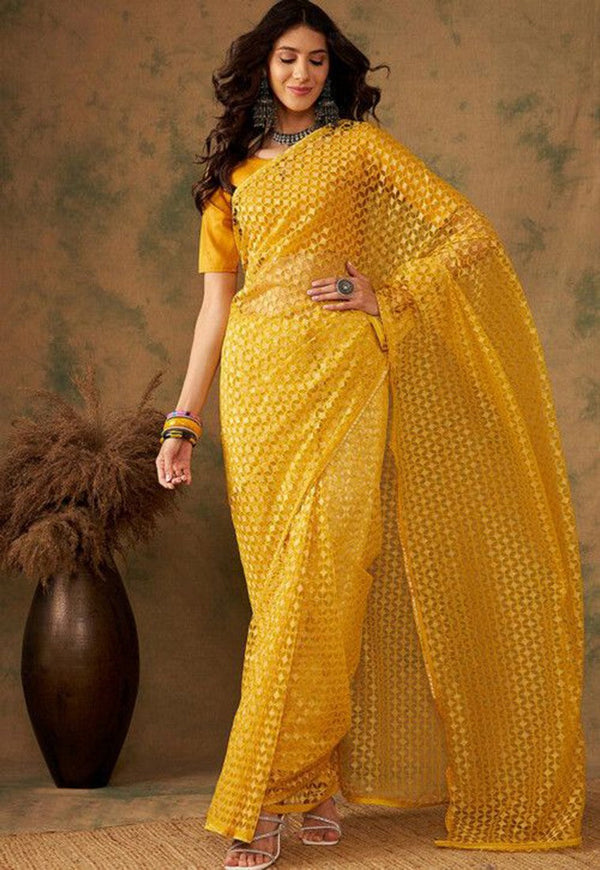 Angelic Yellow Color Net Fabric Casual Saree