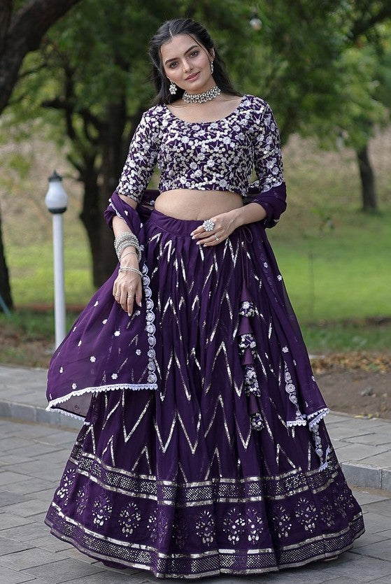 Superb Voilet Color Blooming Fabric Party Wear Lehenga