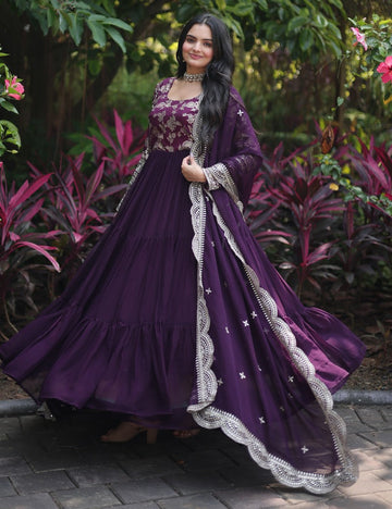 Pleasing Wine Color Blooming Fabric Gown