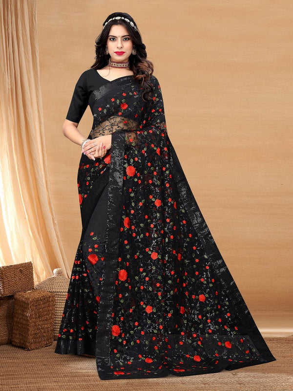 Pleasing Black Color Net Fabric Partywear Saree
