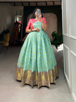 Pretty Aqua Color Jacquard Fabric Gown