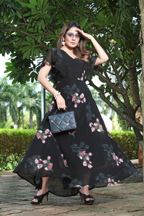 Pretty Black Color Georgette Fabric Indowestern