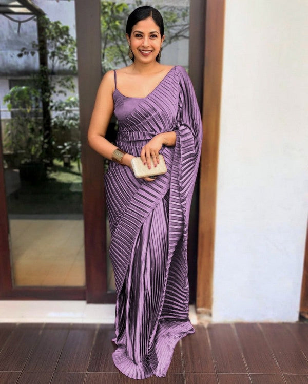 Desirable Purple Color Satin Fabric Designer Saree