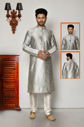 Wonderful Grey Color Brocade Fabric Kurta Pajama