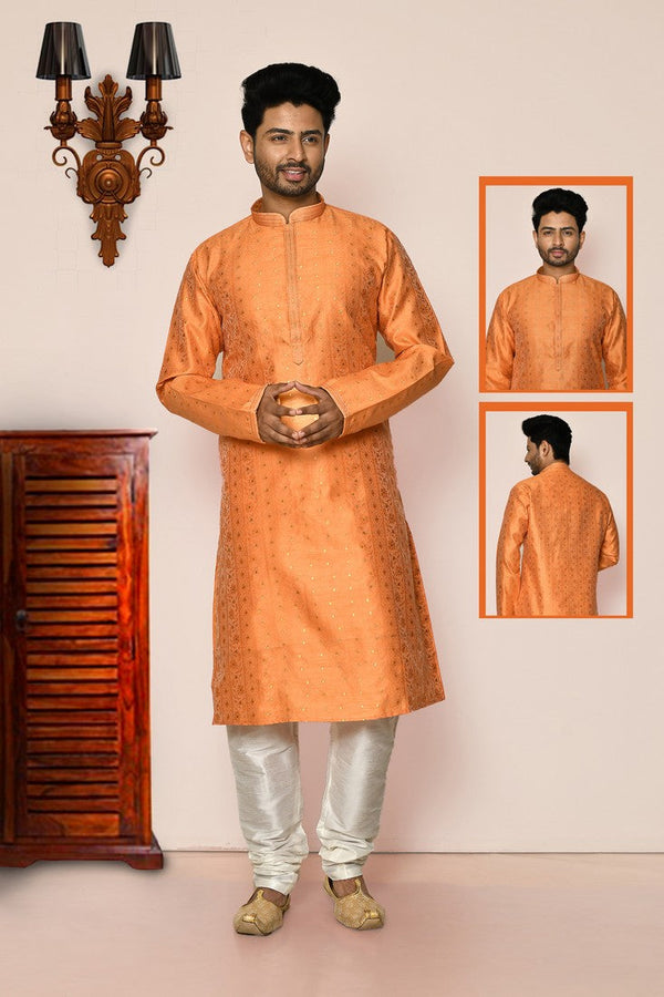 Superb Orange Color Brocade Fabric Kurta Pajama