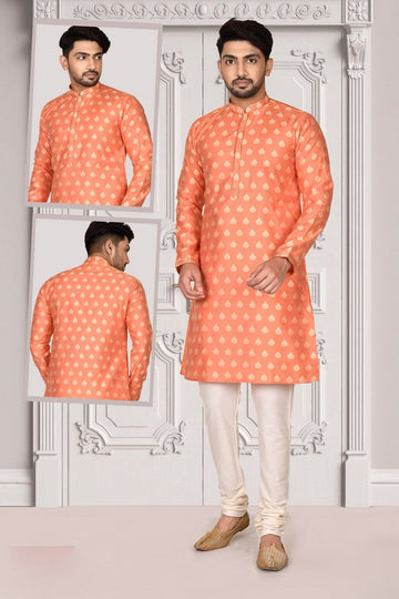 Exquisite Peach Color Brocade Fabric Kurta Pajama