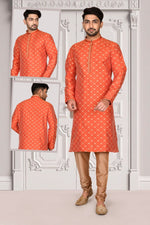 Exquisite Orange Color Brocade Fabric Kurta Pajama