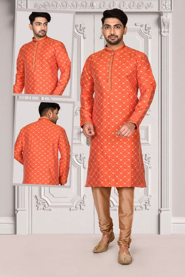Exquisite Orange Color Brocade Fabric Kurta Pajama