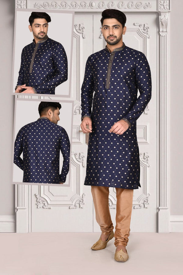 Exquisite Navy Blue Color Brocade Fabric Kurta Pajama