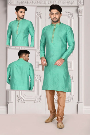 Exquisite Turquoise Color Brocade Fabric Kurta Pajama