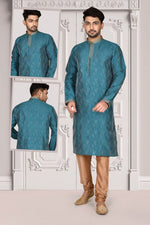 Appealing Teal Color Brocade Fabric Kurta Pajama