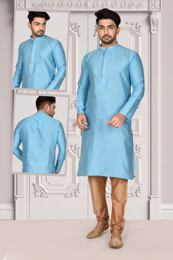Appealing Aqua Color Brocade Fabric Kurta Pajama