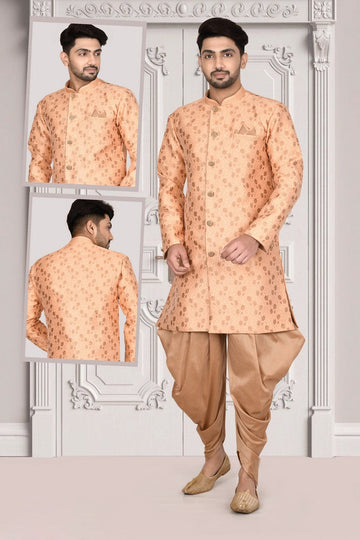 Divine Peach Color Jacquard Fabric Kurta Pajama