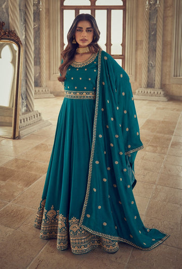 Dazzling Teal Color Silk Fabric Partywear Suit