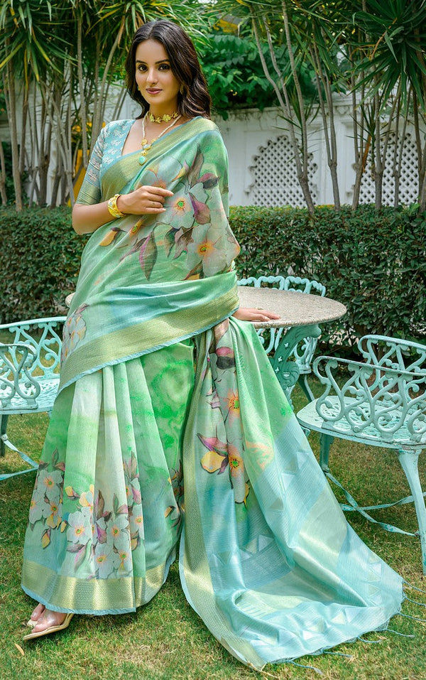 Pleasing Green Color Cotton Fabric Casual Saree