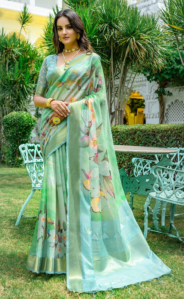 Pleasing Green Color Cotton Fabric Casual Saree