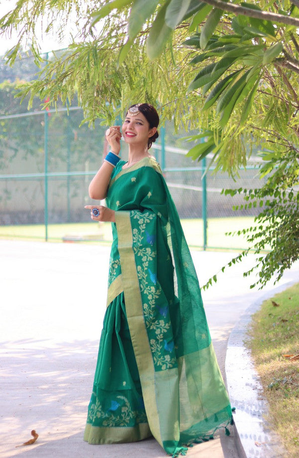 Lovely Green Color Cotton Fabric Casual Saree