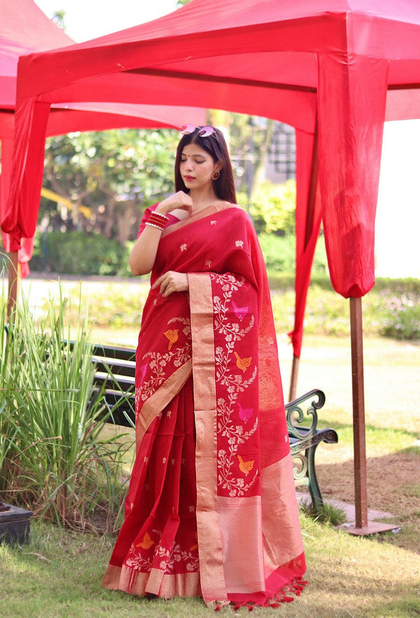 Lovely Red Color Cotton Fabric Casual Saree