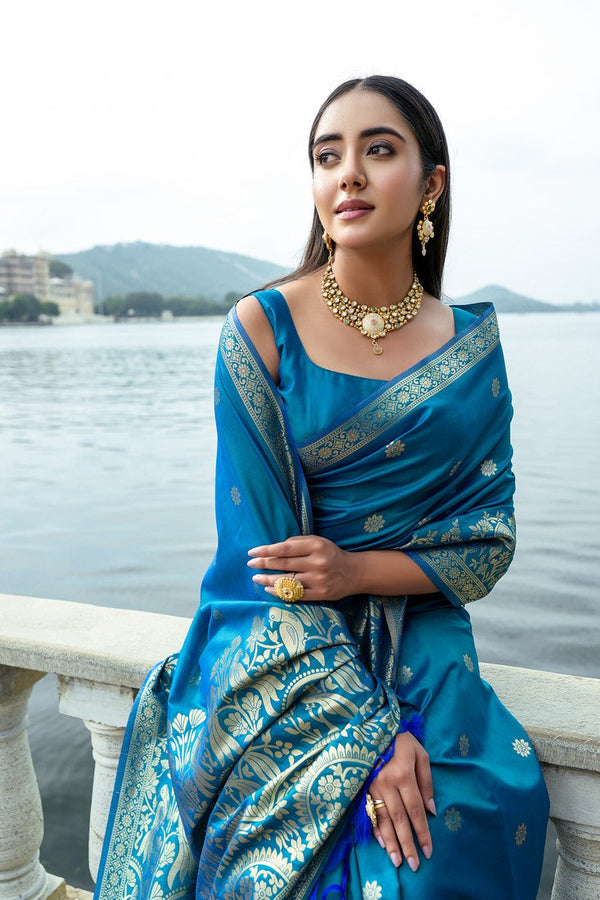 Amazing Turquoise Color Silk Fabric Partywear Saree