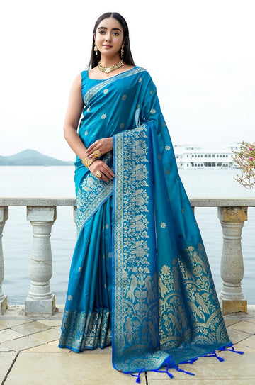 Amazing Turquoise Color Silk Fabric Partywear Saree