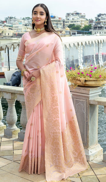 Amazing Peach Color Silk Fabric Partywear Saree