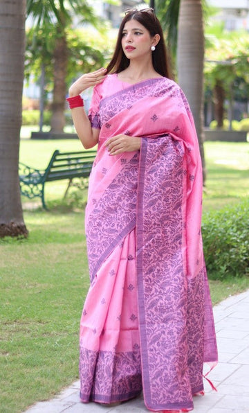 Grand Pink Color Raw Silk Fabric Casual Saree