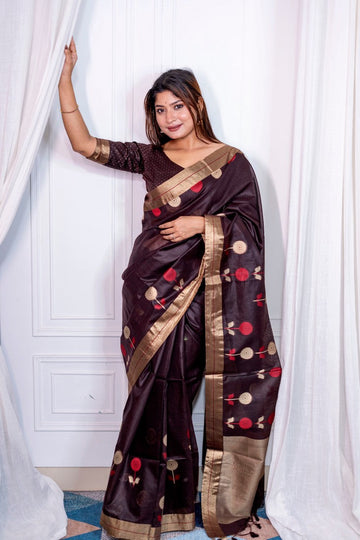 Lovely Brown Color Cotton Fabric Casual Saree