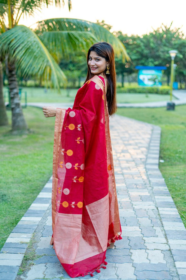 Lovely Red Color Cotton Fabric Casual Saree