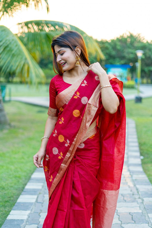 Lovely Red Color Cotton Fabric Casual Saree